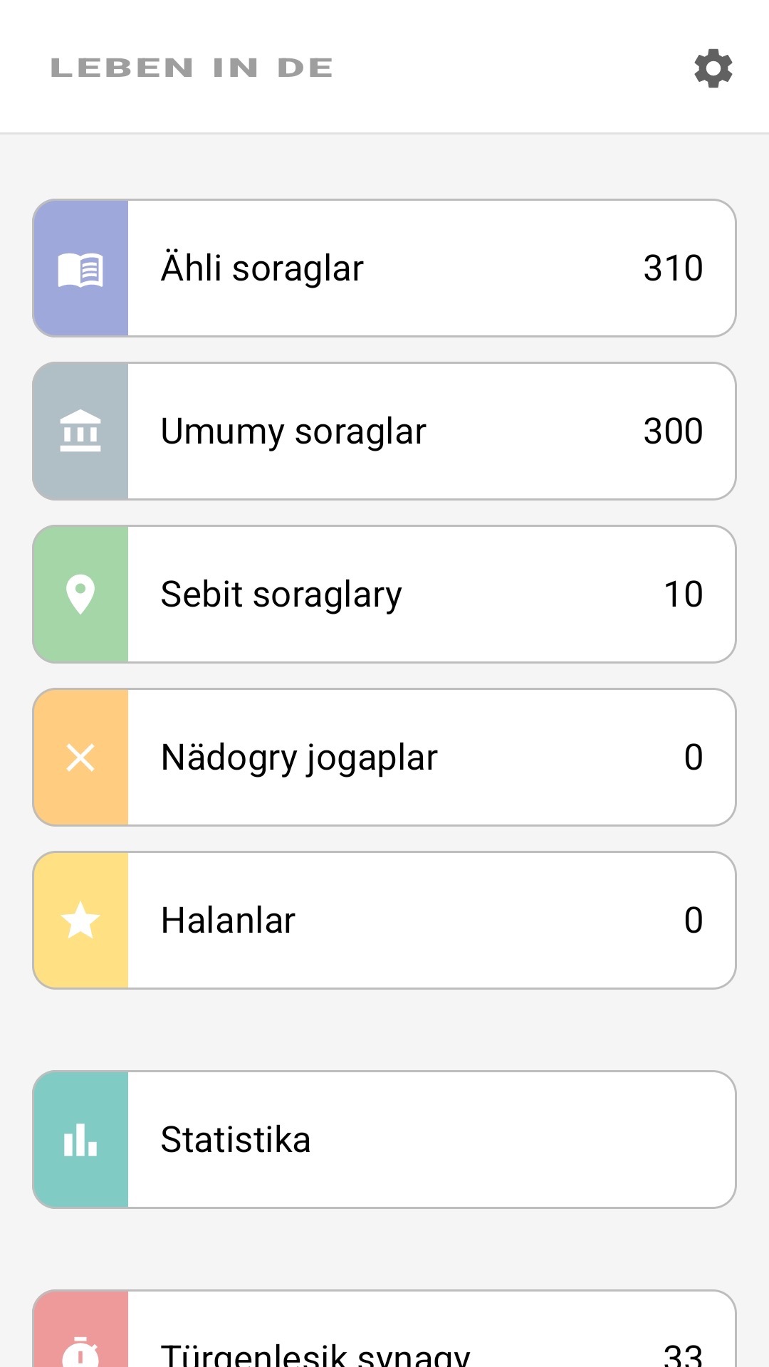 Programmanyň baş ekrany türkmen dilinde: ähli soraglar, sebitleýin soraglar, halanýanlar, statistika