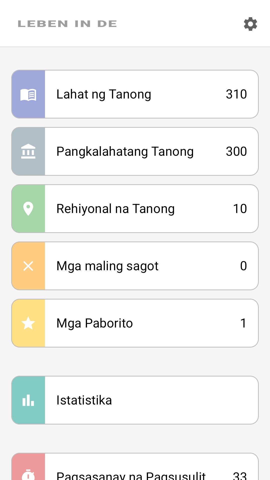 Home screen ng app sa Filipino: lahat ng tanong, panrehiyong tanong, paborito, istatistika