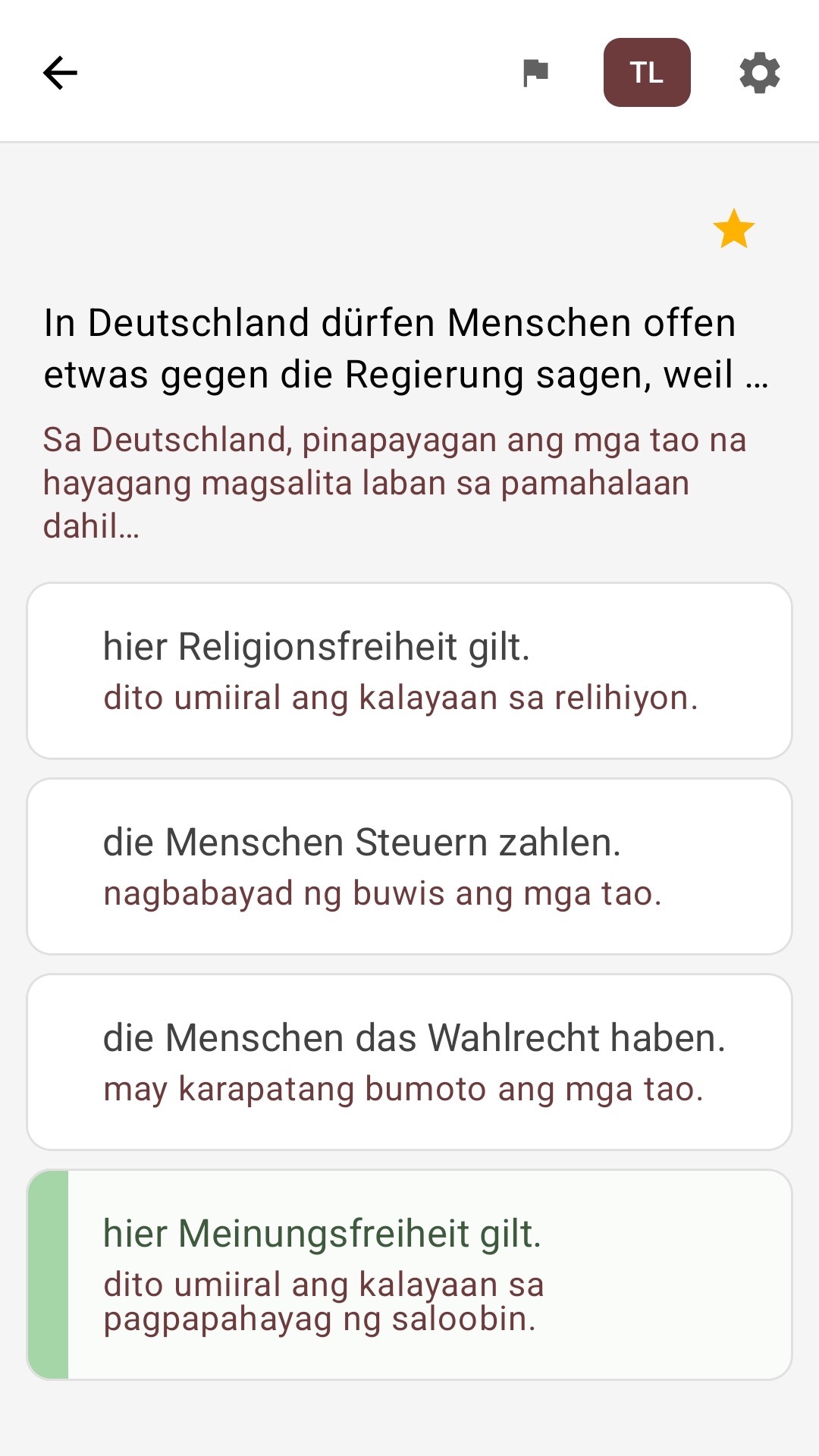 Screen ng tanong na may mga sagot na isinalin sa Filipino