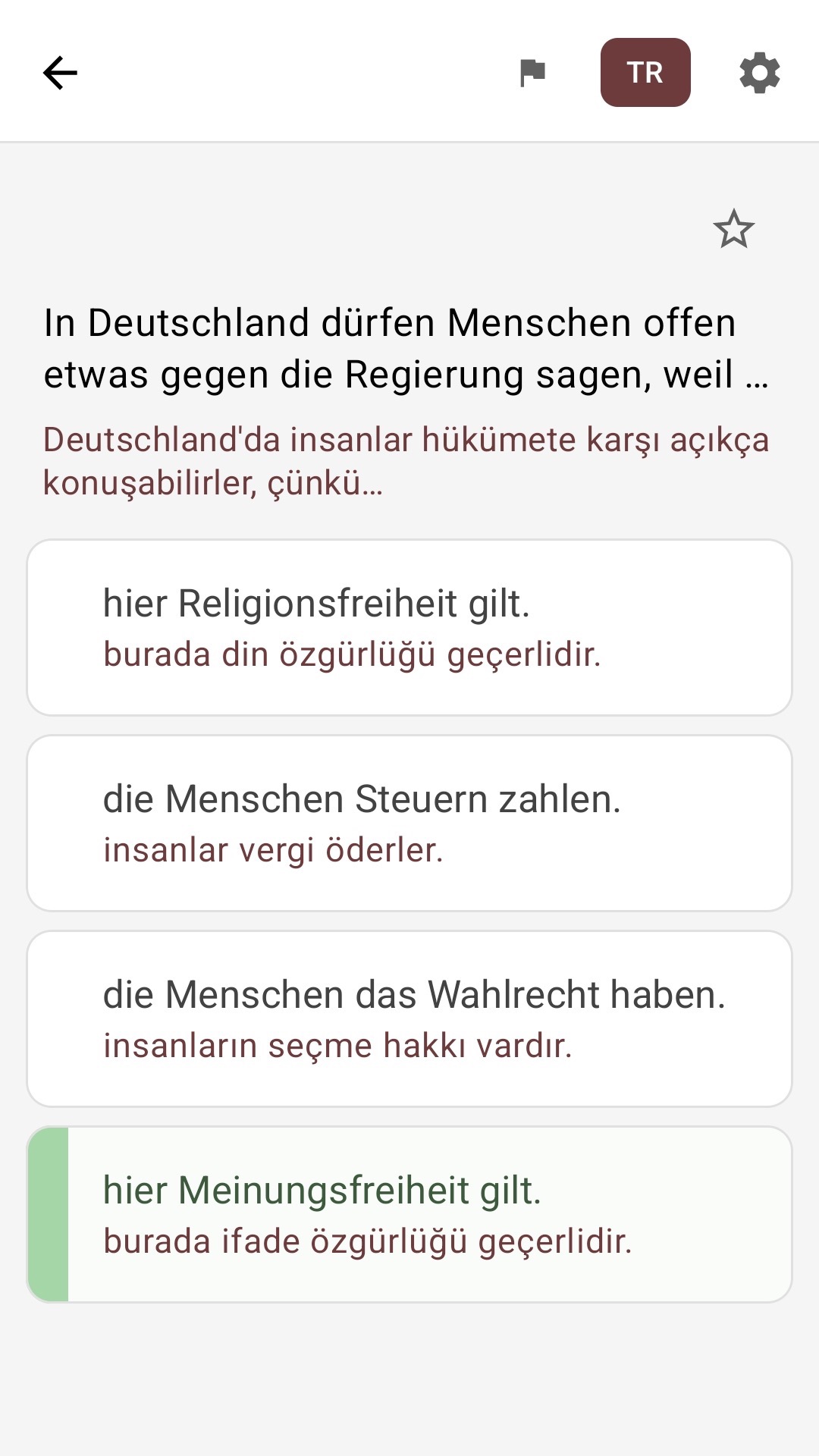 Yanıtları Türkçeye çevrilmiş soru ekranı