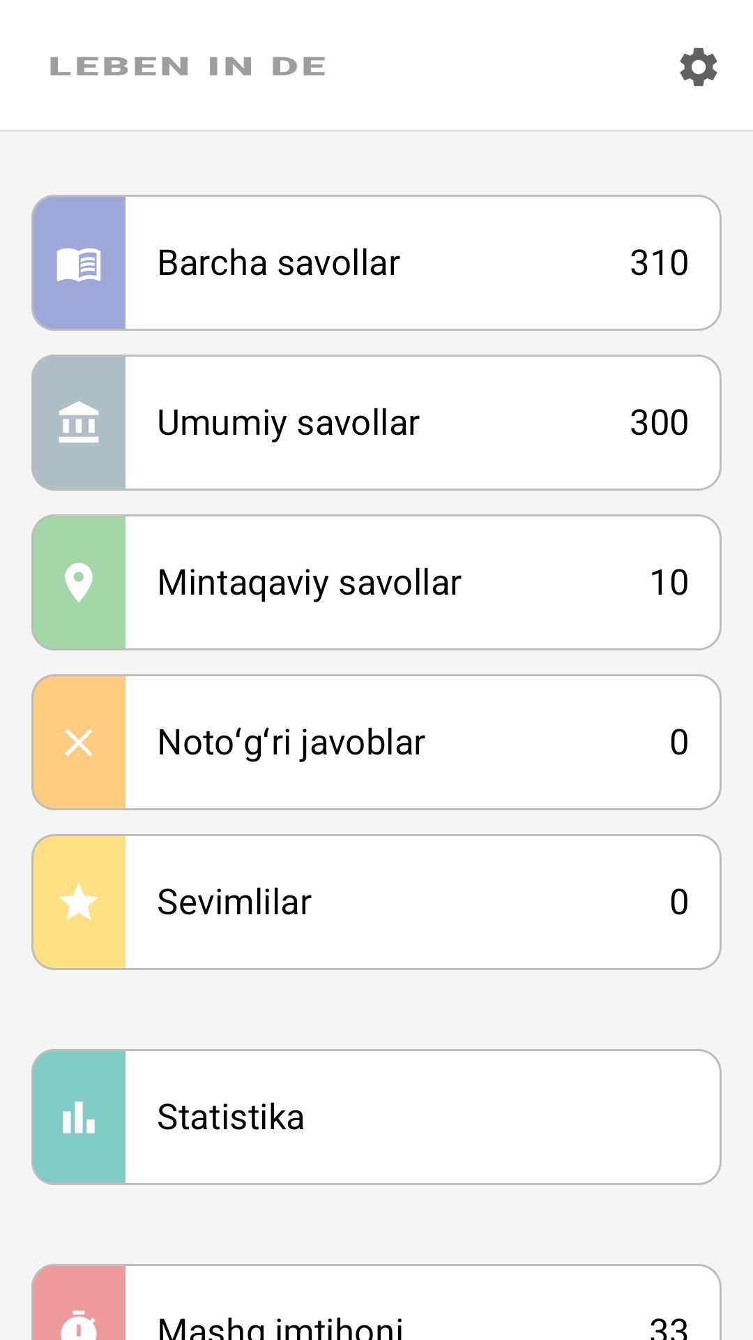 Ilovaning bosh ekrani oʻzbek tilida: barcha savollar, mintaqaviy savollar, sevimlilar, statistika