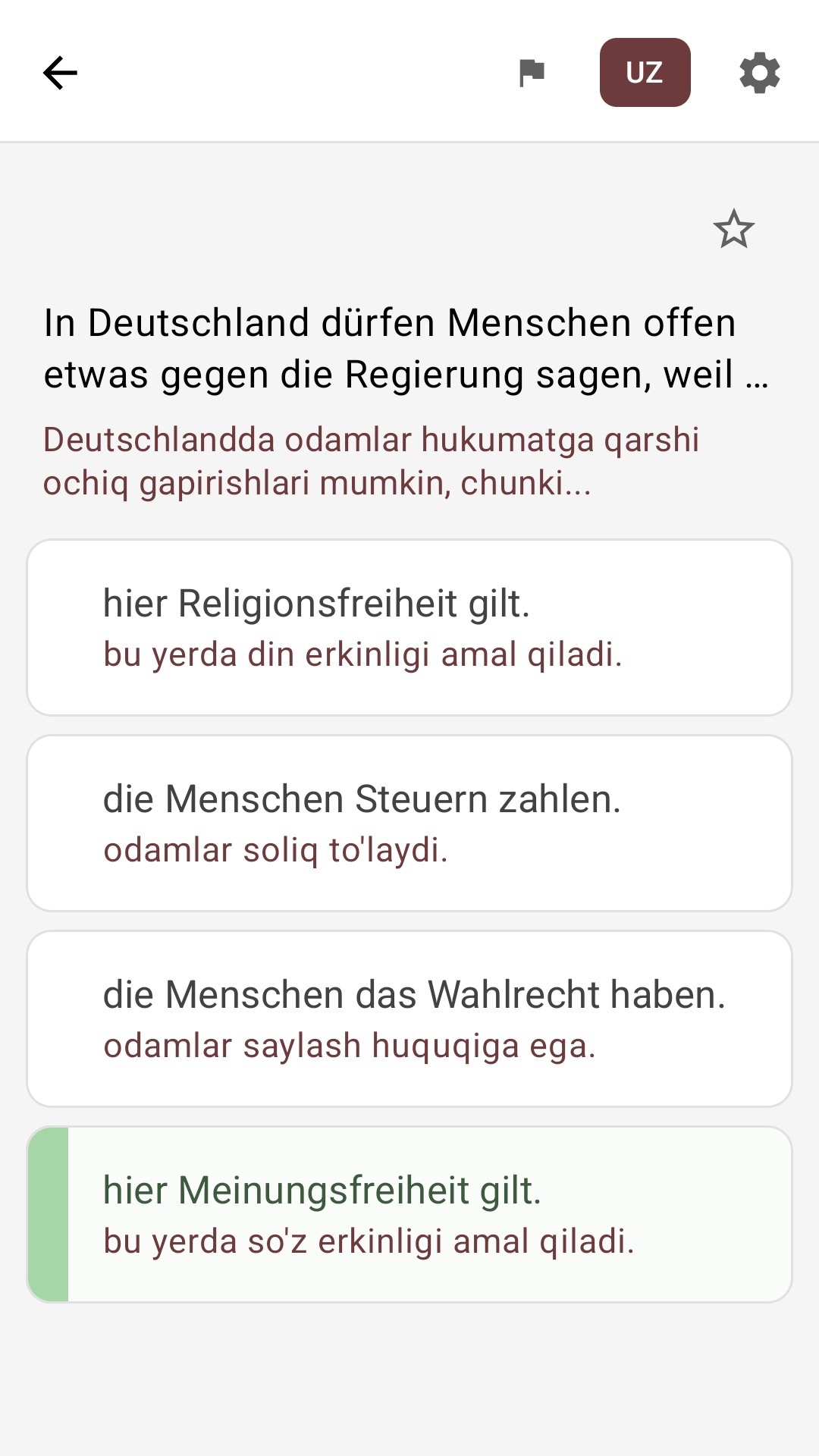 Oʻzbek tiliga tarjima qilingan javobli savol ekrani