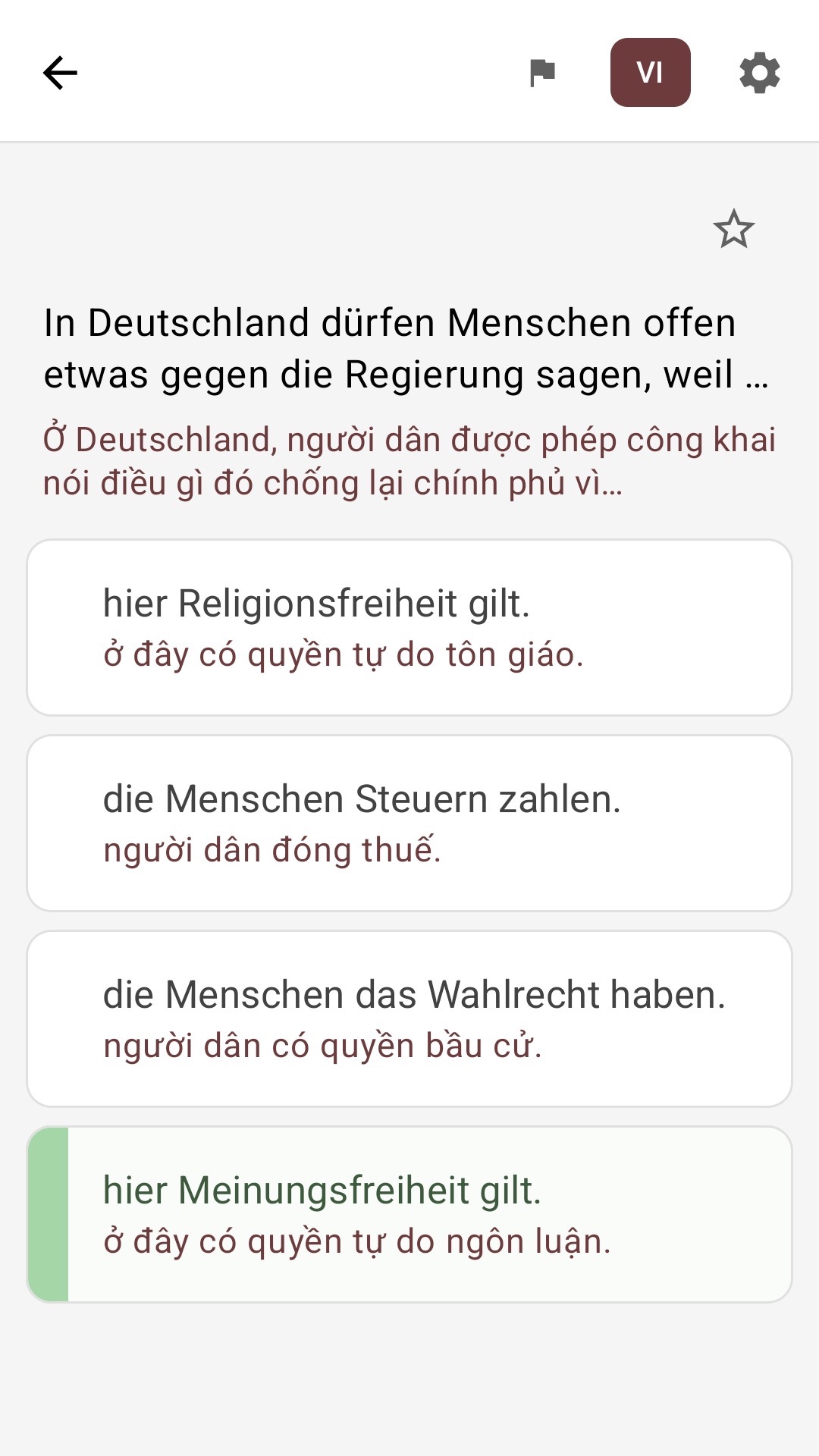 Màn hình câu hỏi với câu trả lời được dịch sang tiếng Việt