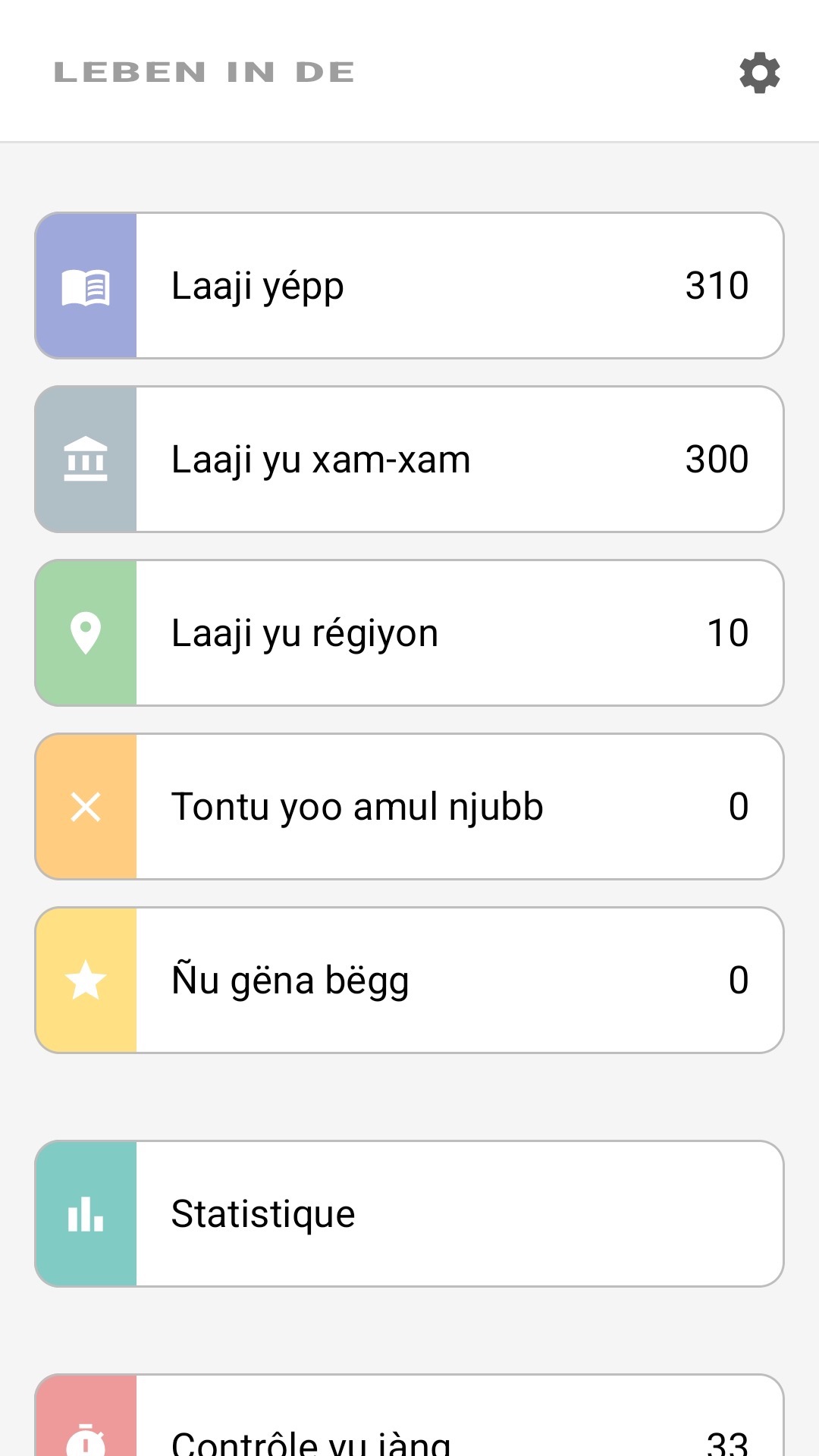 Ekraŋ bu kër aplikasiyoŋ ci Wolof: laaj yépp, laaj yu diiwaan, yu nu sopp, statistik